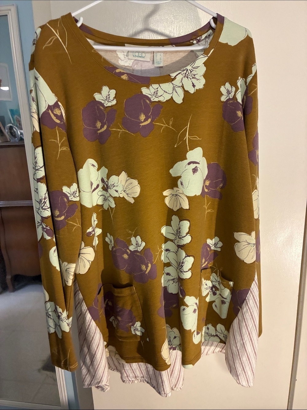 LOGO by Lori Goldstein Spicy Mustard Floral Tunic with Purple and Cream Accents